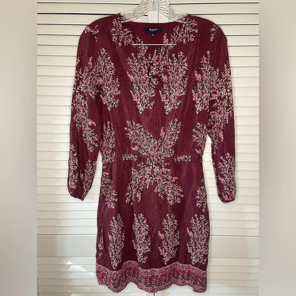 Madewell Silk Lassi Burgundy Floral Polka Dot Mini Pockets Lined Dress Size 4 - Picture 1 of 16